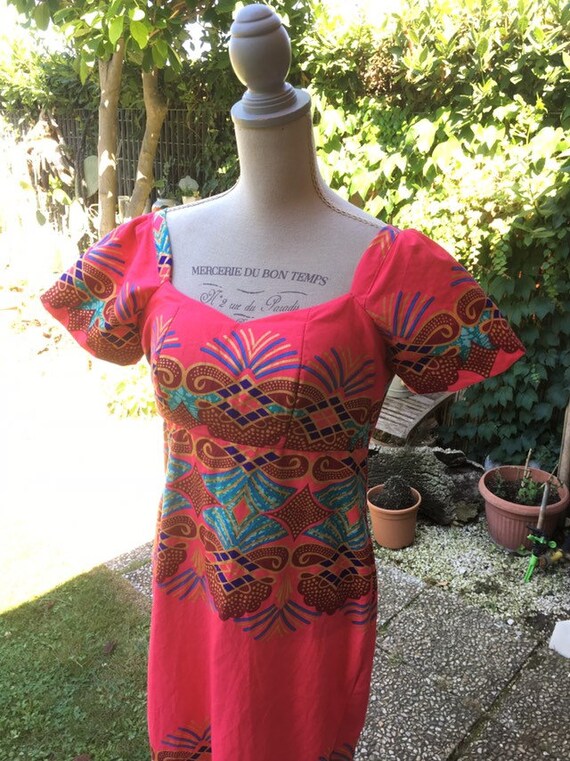 Vintage Batik dress original fuchsia turquoise gol