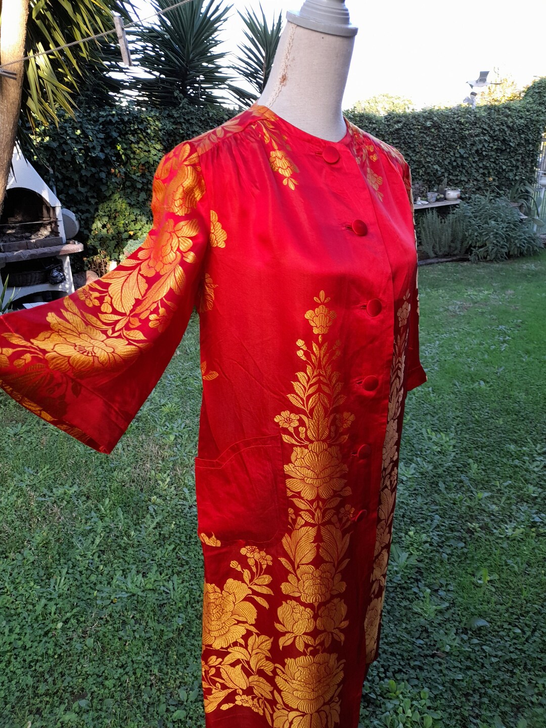 Vintage 70s 80s Green Red Orange Silk Embroiderd Floral Komon Showa Kimono 8 S