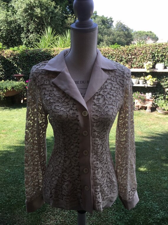 Shirt blouse woman lace nude look vintage 70s bei… - image 7