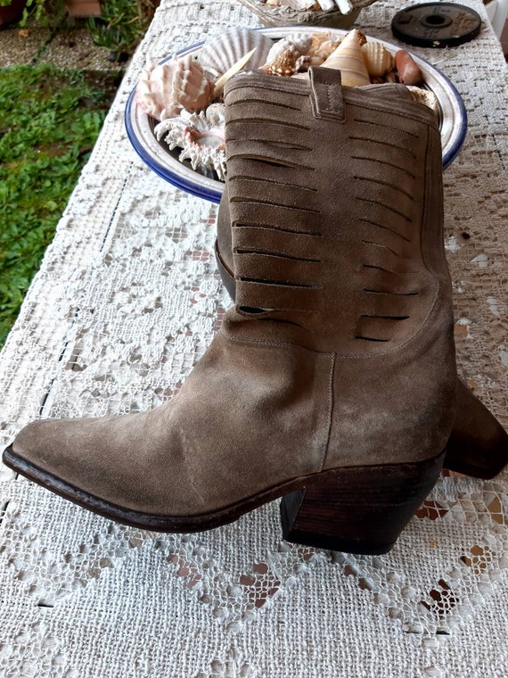 Vintage unisex texas beige suede square toe boots… - image 4