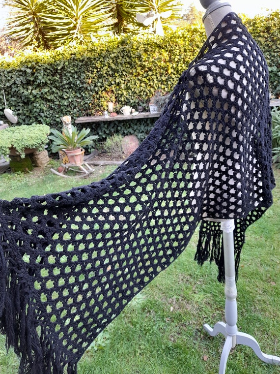 Large scarf shawl black shawl 60s vintage Shawl b… - image 8