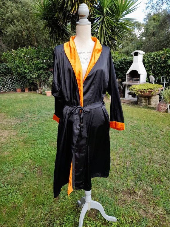 Kimono Robe vintage satin 80s unisex orange black kim… Gem