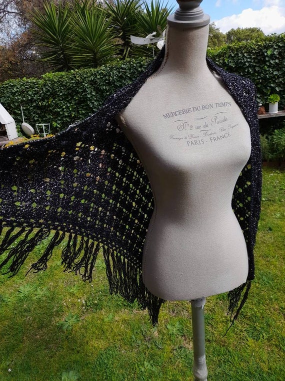 Black silver lurex shawl vintage 70s wool stole s… - image 4