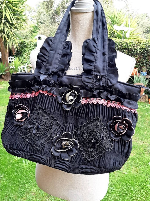 Mooie tas zwarte satijnen tas 80s tas chique tas vintage kant