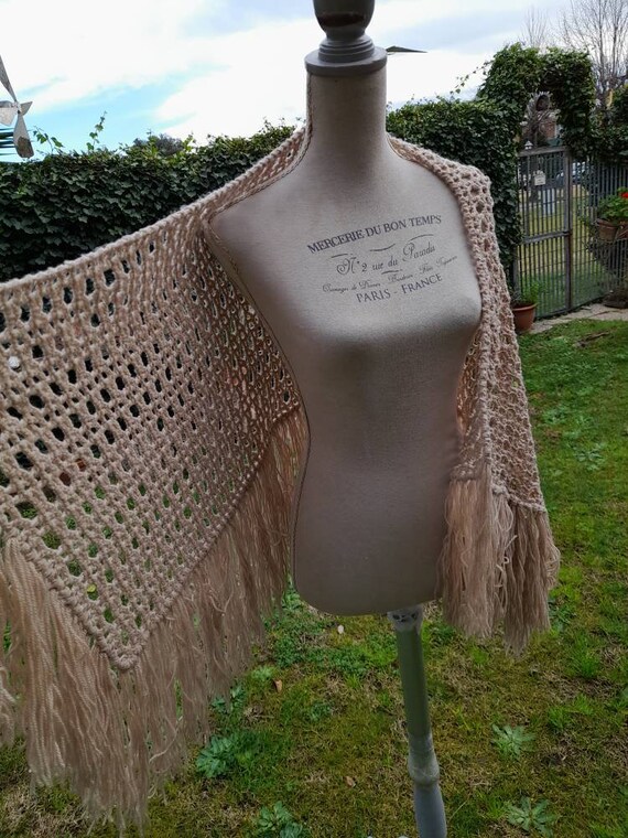 Beige shawl old Shawl vintage 70s women's stole w… - image 8