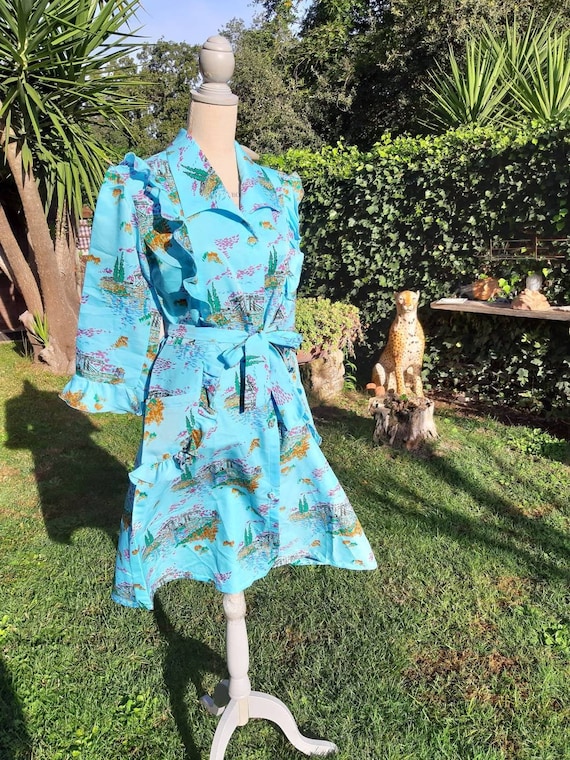 Dressing gown vintage diva Hollywood 70s turquoise