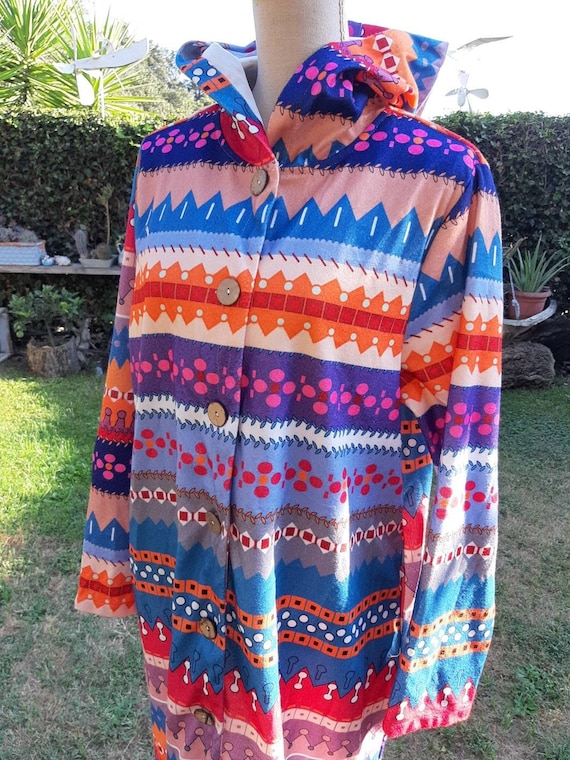 Women s 80s Dressing Gown Vintage Psychedelic Style Festival Hippy Boho Hippie Flowers Blue Orange Red Plush Hooded Etsy Canada