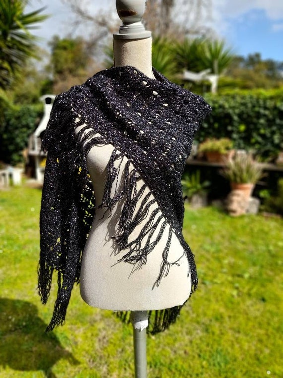 Black silver lurex shawl vintage 70s wool stole s… - image 1