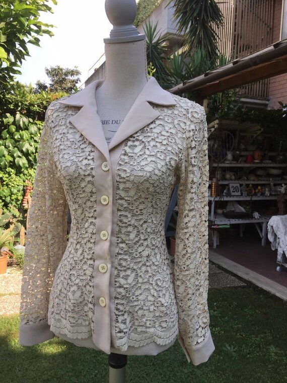 Shirt blouse woman lace nude look vintage 70s bei… - image 1