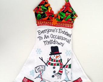 Snowman Embellished Kitchen Towels, Kitchen Towels with Lace, Handmade Kitchen Towel with Red and Green Pepper Print Fabric