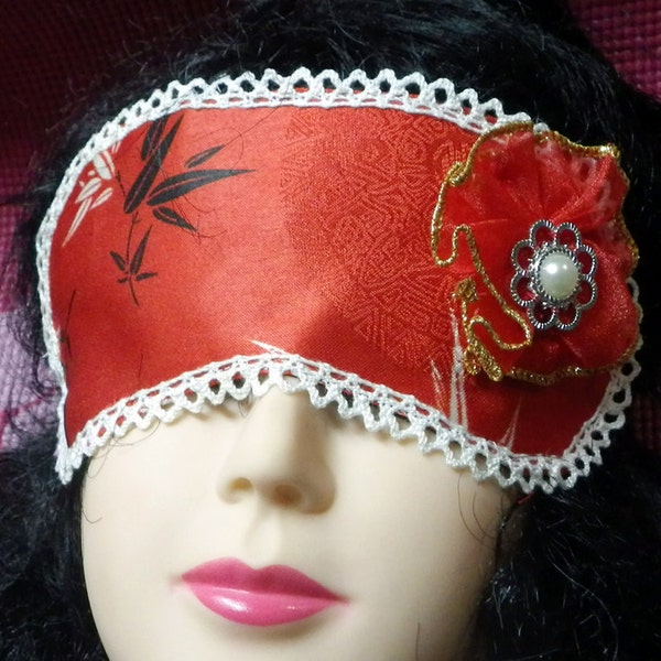 Red Satin Oriental Bamboo Print Sleeping Mask, Red Satin Eye Mask, Red Oriental Blindfold, Satin Red Eye Mask, red silk sleeping mask