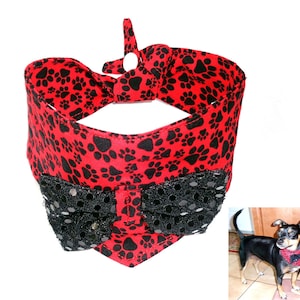 Puede incluir: Bandana roja para perro con estampado de huellas negras y un lazo negro de lentejuelas. Un perro negro pequeño lleva una bandana similar en el fondo.