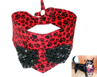 Red Paw Print Dog Bandana, Sequin Bow Tie, Holiday Pet Wear