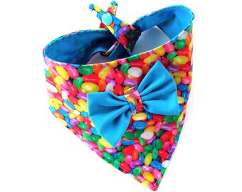 Jelly Bean Dog Bandana with Blue Bow Tie, Easter Spring Pet Scarf