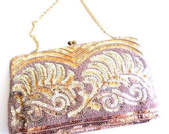 Vintage Sequin Evening Bag, Made in Belgium By Hand, Walborg Purse, Chain Handle