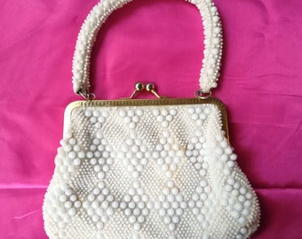 Vintage Beaded Clutch Purse: Ivory White Party Bag, Kisslock Closure