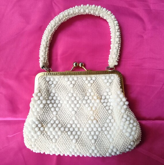 Vintage Beaded Party Clutch Bag Purse Beige Ivory White -  UK