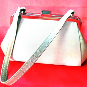 Vintage Two Tone Silver White Satin-Like Handbag Purse Evening Bag Bridal Wear with Clasp Closure and Slip Pocket