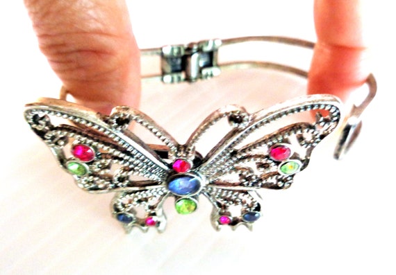 Old Vintage Clamp Butterfly Bracelet with Stones,… - image 4