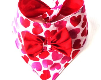 Valentine's Day Red Pink Purple Fuchsia Hearts Cat Dog Bandana Bow in One Medium to Large, Festive Tie On Double Secure with Snap Closure
