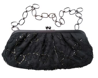 Vintage FRANCHI Beaded Black Evening Clutch Bag, Satin Lining, Chain Handle