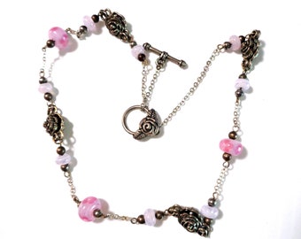Vintage Roses Choker, Pink Mauve Beads, 9-inch Drop
