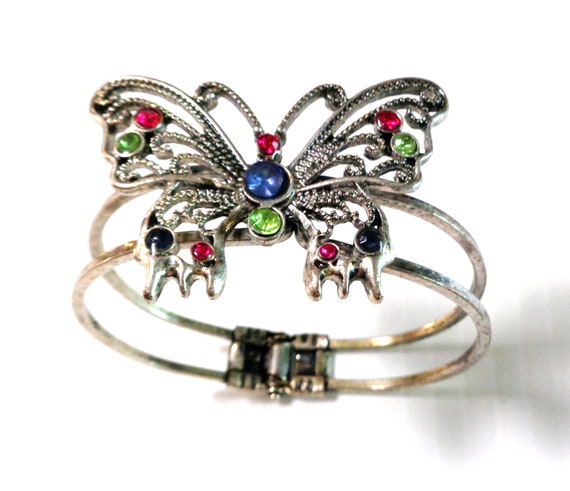 Old Vintage Clamp Butterfly Bracelet with Stones,… - image 1