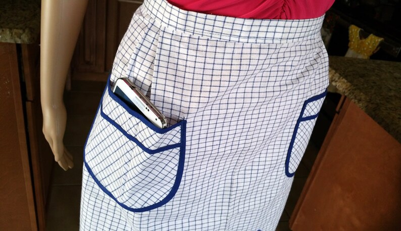 Blue Half Apron Plaid Skirt Apron Country Style Half Apron Checkered Blue Apron with Random Stitch Embroidery Juniors Misses Apron