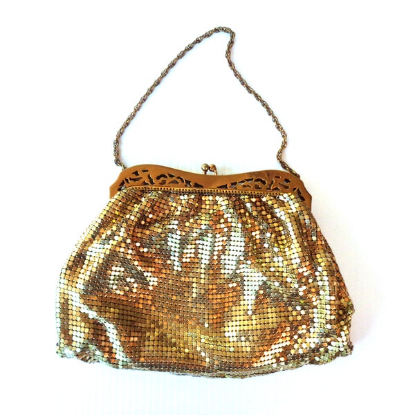 1940s Whiting & Davis Co Antique Golden Mesh Bag with Cut-Out Detailed Metal Frame Design, Kiss Lock Closure, Golden Rope Chain Handle Purse