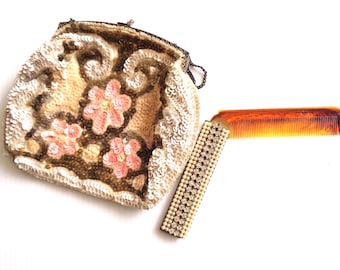 Vintage Sequin Evening Bag, Saks Fifth Avenue, Made in France, Rhinestone Comb Bonus