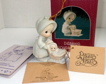 Vintage Precious Moments™ 1990 Issue "Dashing Through The Snow" Porcelain Bisque Ornament Handpainted Soft Pastels, Vintage Collectible