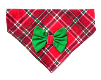 2 in 1 Christmas Plaid Cat Dog Bandana and Green Bow No Tie Slip Over the Collar Festive Holiday Neckwear Accessories Pet Scarf Bib Petwear