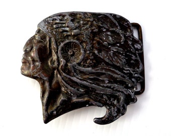 Indian Chief Head Belt Buckle, Heavy Non-Porous Black Metal