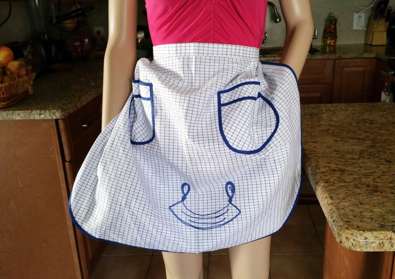 Blue Half Apron Plaid Skirt Apron Country Style Half Apron Checkered Blue Apron with Random Stitch Embroidery Juniors Misses Apron
