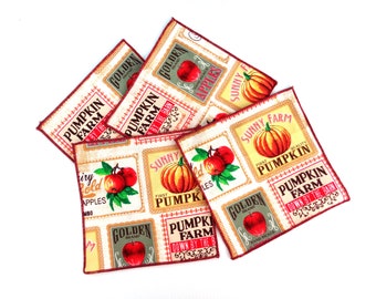 Set of 4 Cocktail Napkins Orchard Fruit Vegetable Harvest Apples Pumpkins Prints Everyday Table Barware Vegan Vegetarian Themed Placemats