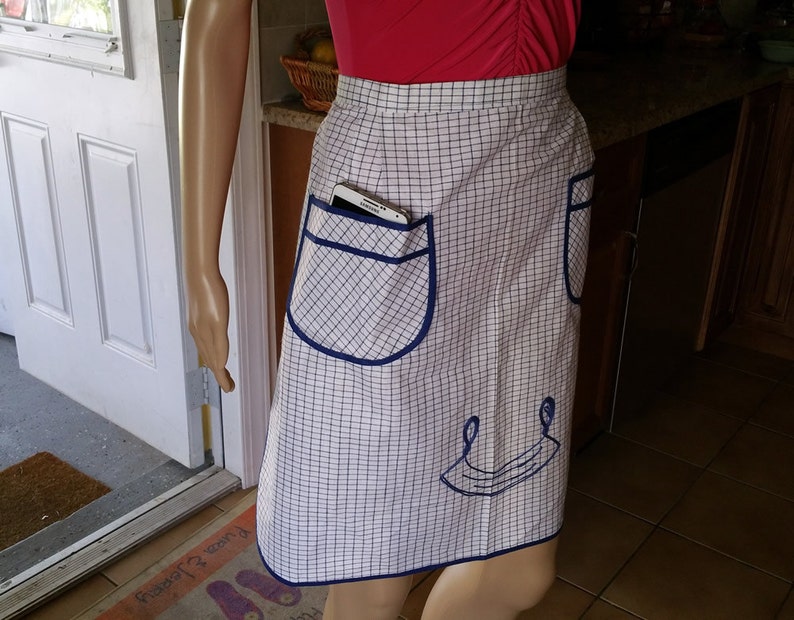 Blue Half Apron Plaid Skirt Apron Country Style Half Apron Checkered Blue Apron with Random Stitch Embroidery Juniors Misses Apron