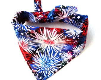 Red White and Blue Patriotic Print Fireworks Prints Dog Bandana, Classic Tie On Style, Fits Small to Medium Dogs