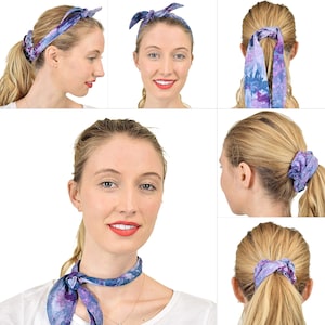 May include: A set of six purple and blue tie dye hair scrunchies. The scrunchies are shown in different ways to style hair, including a headband, a ponytail holder, and a hair tie.