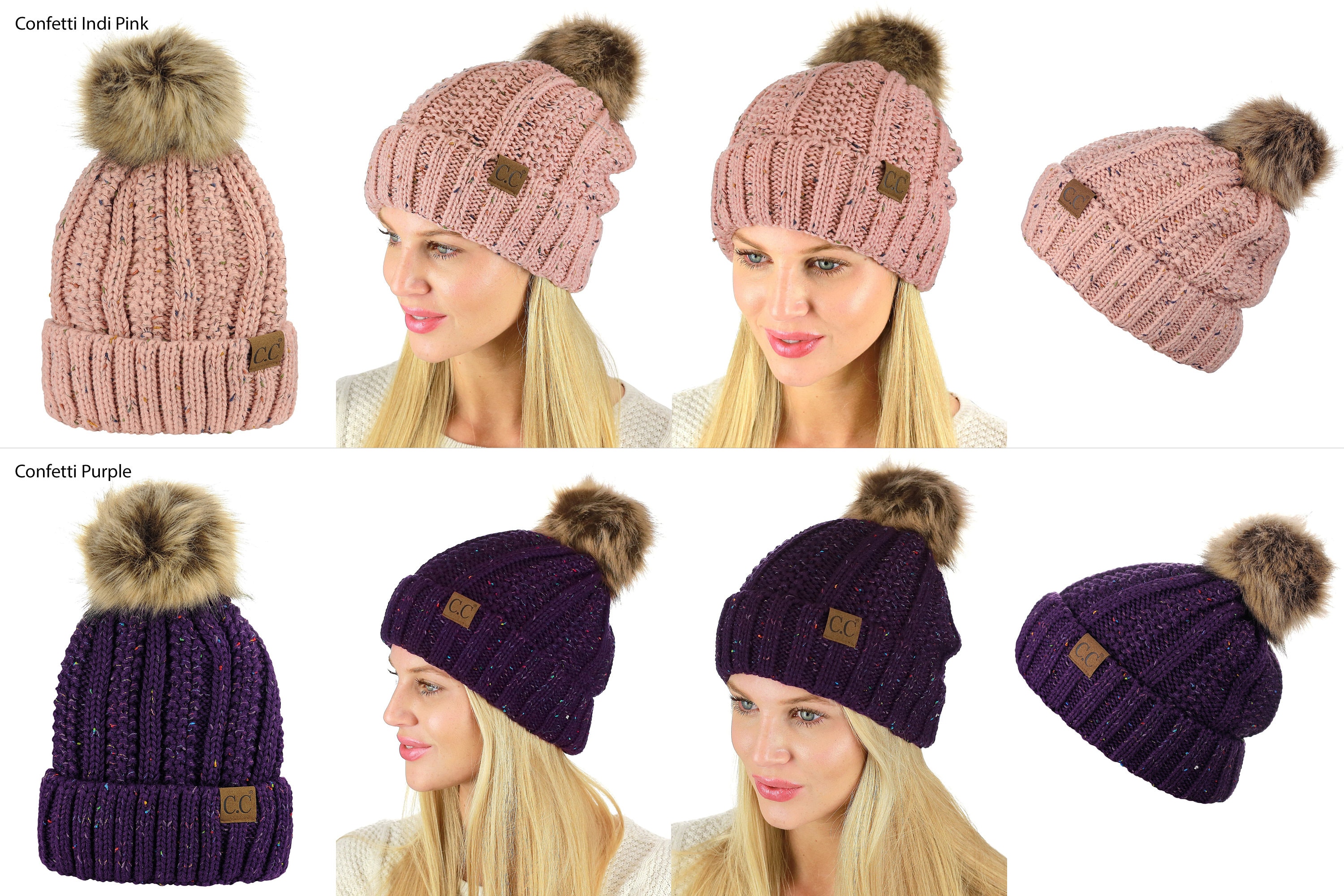 Women\'s Faux Fur Fleece Lined Purple Winter Thick Knit Pom Skull Beanie Hat Cap C.C Thick Cable Knit Faux Fuzzy Fur Pom Fleece Lined Skull  main image 3