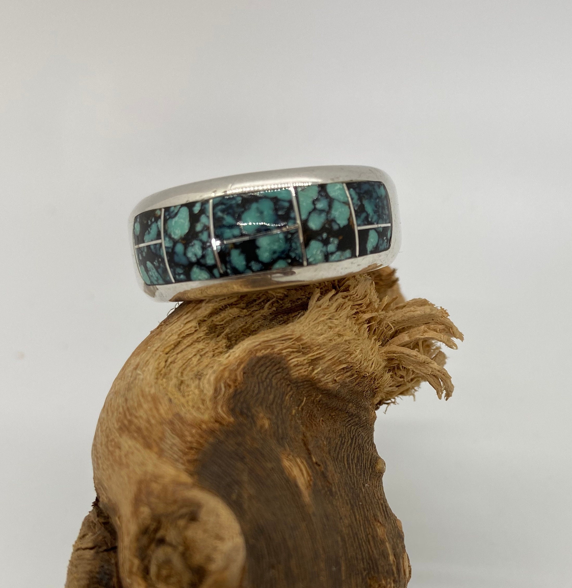 Wide Men's Sterling Silver Ring With Turquoise Inlay Etsy