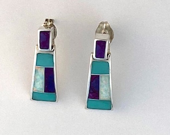 Sterling Silver Earrings inlayed with Turquoise, Sugilite and Opal, MothersDay Gifts.