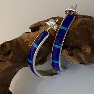 Sterling Silver Hoop Earrings inlayed with Lapis and Opal stones