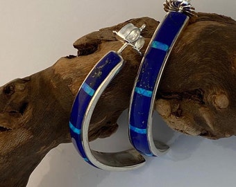 Sterling Silver Hoop Earrings inlayed with Lapis and Opal stones