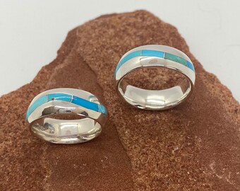 Wide Sterling Silver wedding band Ring with blue Turquoise inlay, handcraft,  band unisex, comfort fit, anniversary band