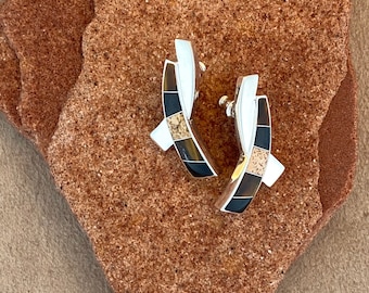 Sterling Silver Earrings inlayed with Black jade, picture jasper and tigers eye.