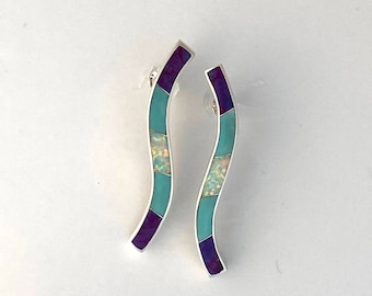 Sterling Silver Earrings inlayed with Turquoise, Sugilite and Opal