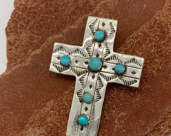 Hand Stamped Sterling Silver Cross Necklace, Pin Pendant with 6 sleeping beauty blue Turquoise round stones. Multi stones.