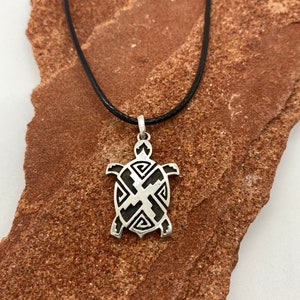 Sterling Silver overlay Turtle Necklace Pendant, Southwest style with leather cord