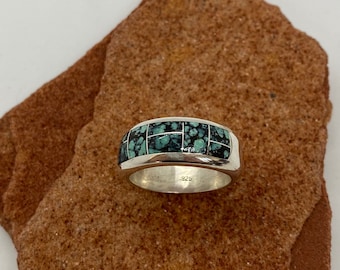 Custom order. Wide Men's Sterling Silver Ring with kingman turquoise inlay, handcraft size 9.5