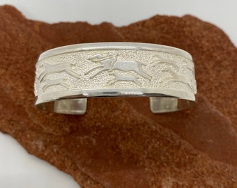 Sterling Silver Petroglyph Wild Horses Cuff Bracelet, Native American Inspired